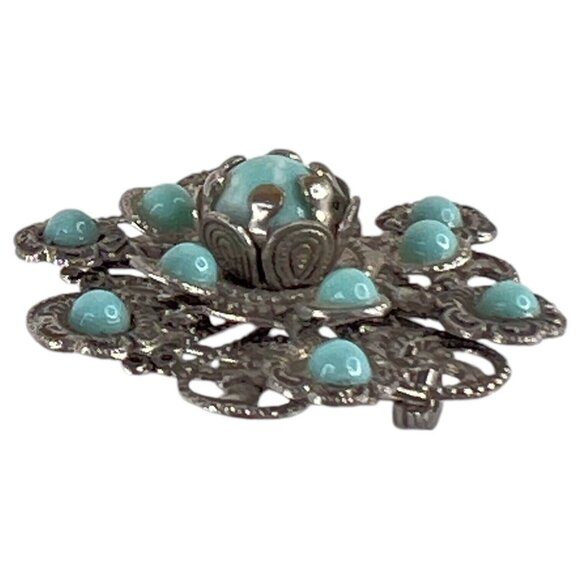 Vintage 1950s Silver Filigree Design Simulated Faux Turquoise Cabochon Brooch - Picture 6 of 6
